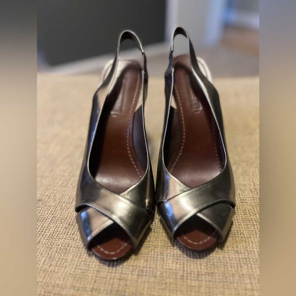 Pewter/Metalic open toe heels 10